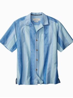 Silk Tommy Bahama Hula Beach Striped Camp Shirt Wooden Buttons Light Blue M